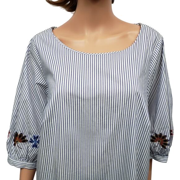 Eloquii Blouse Tunic Top Plus14 Blue White Pinstriped Floral Embroidered Boho - Picture 4 of 14